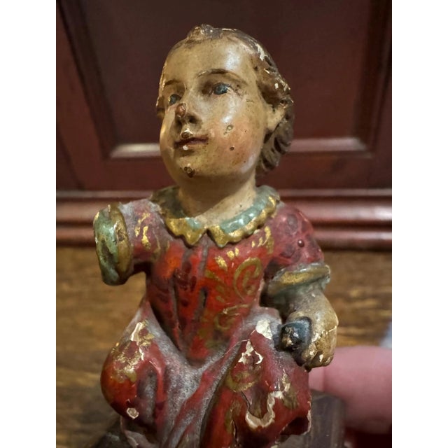 Red 18th Century Polychromed Wooden Santos Sculpture- Christ Child Holding a Sparrow- On Stand For Sale - Image 8 of 10