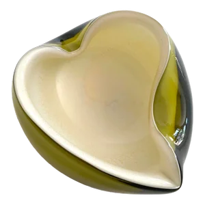 Vintage Mid Century Modernist Barbini Murano Art Glass Olive Green Cream Gold Leaf Fleck Sommerso Heart Bowl