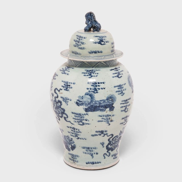 Chinoiserie Large Blue and White Ginger Jar With Shizi For Sale - Image 3 of 8