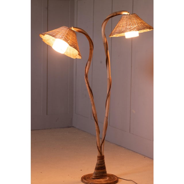 Not Yet Made - Made To Order Thalia Double Rattan Floor Lamp With 2 Adjustable Woven Floral Conical Shades For Sale - Image 5 of 14
