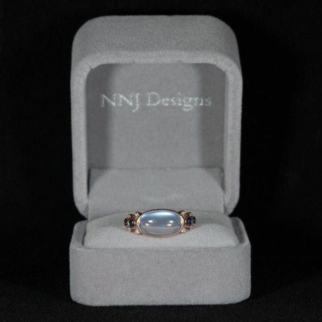 Modern Rainbow Moonstone Ring With Natural Diamond & Blue Sapphire Accents: 14k Gold, Size 6.75 For Sale - Image 3 of 9