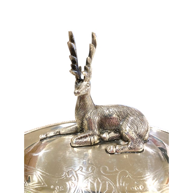 This is a stunning silver-plate stag motif tureen with hoof feet. A really incredible centerpiece, perfect for the...
