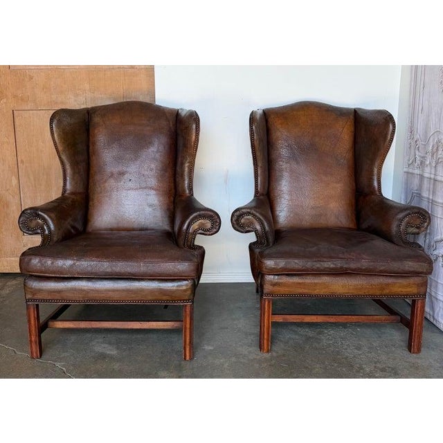 Pair of English Georgian Style Wingback Armchairs - Distressed Brown Leather For Sale - Image 9 of 17