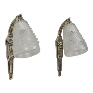 Schneider Pair of French Art Deco Floral Nickel Bronze Wall Sconces - 1930s For Sale