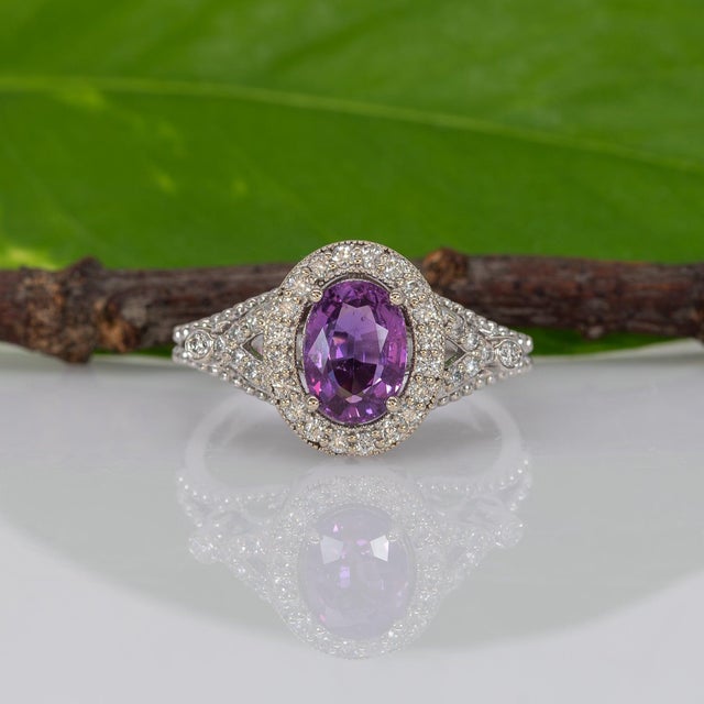 1.6Ct Purple Sapphire Ring With Natural Diamond Halo: Solid 14k Gold, Size 6.75 For Sale In Columbus - Image 6 of 11