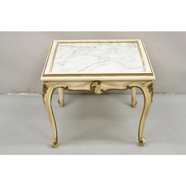 Vintage French Louis XV Style White Painted Marble Top Low Square Coffee Table. Item features white and dark gold paint...