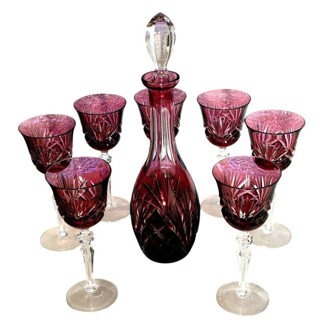 Late 20th Century Nachtmann Nierstein Cranberry Red Cut Crystal Decanter 7 Wine Goblets - 8 pcs For Sale - Image 9 of 9