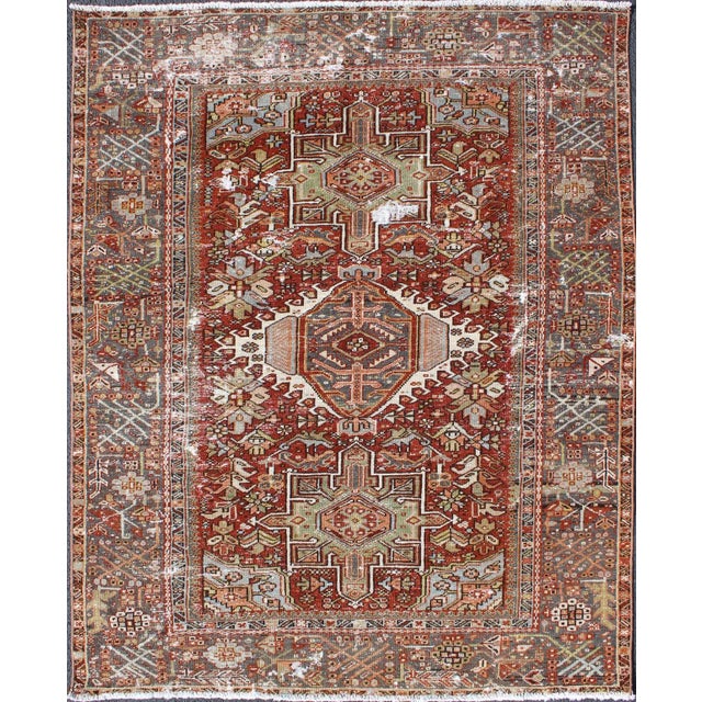 Antique Persian Heriz Rug Featuring Geometric Medallion Design in Rust and Ivory 4'8 X 6'2 For Sale - Image 13 of 13