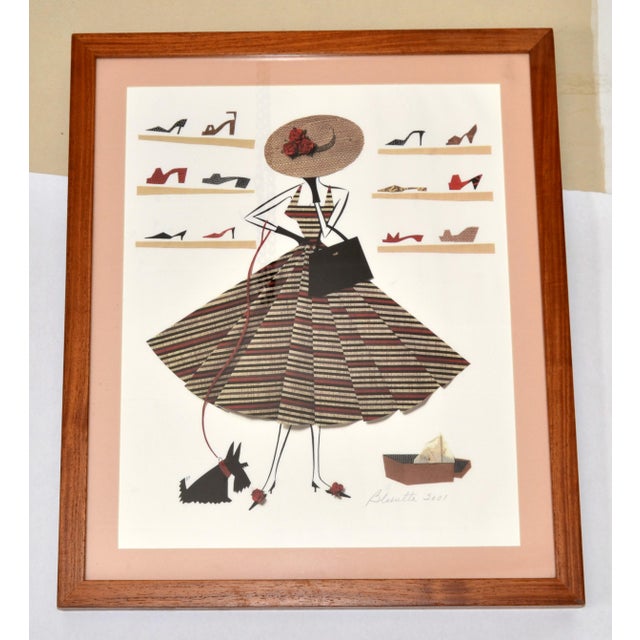 Brown 2001 Mary Lynn Blasutta Textile Shoe Shopper Fashion Illustrations Mixed Media For Sale - Image 8 of 15