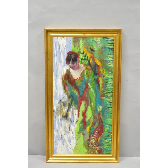 Large 54" Impressionist Style "Young Woman in Field" Oil on Wooden Board Gold Wooden Framed Painting. Circa Late 20th...