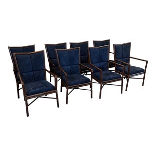 Barbara Barry Design, "Cambria" for McGuire Leather-Strapped Rattan Arm Chairs - Set of 8 For Sale