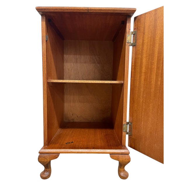 Brown 1970s French Style Bedside Cabinet or Nightstand With Figured Door, Interior Shelf, and Cabriole Legs For Sale - Image 8 of 10