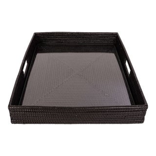 Artifacts Rattan Square Serving Ottoman Trays with Glass Insert in Black, Smalls For Sale