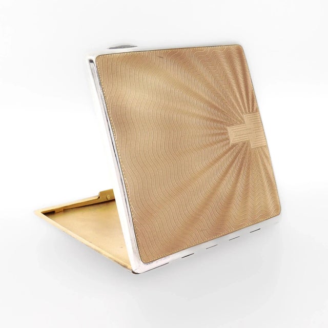 Art Deco English Sterling Silver & Guilloche Enamel Cigarette Case, 1936 For Sale In Philadelphia - Image 6 of 17
