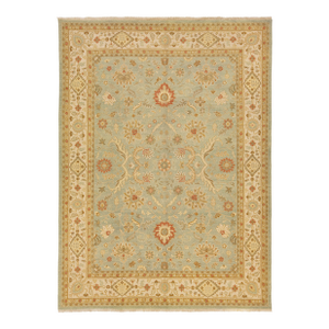 Modern Hand-Knotted Peshawar Wool Rug in Light Green With Floral Pattern - 10′ × 13′8″