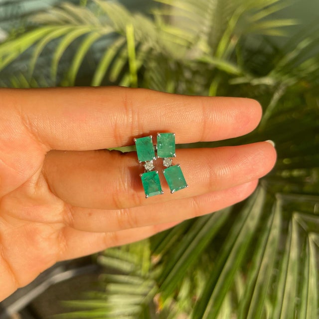 Art Deco Inspired Certified Natural Emerald 2 Stone Drop Earrings With Diamond Accents, a Pair For Sale - Image 4 of 11