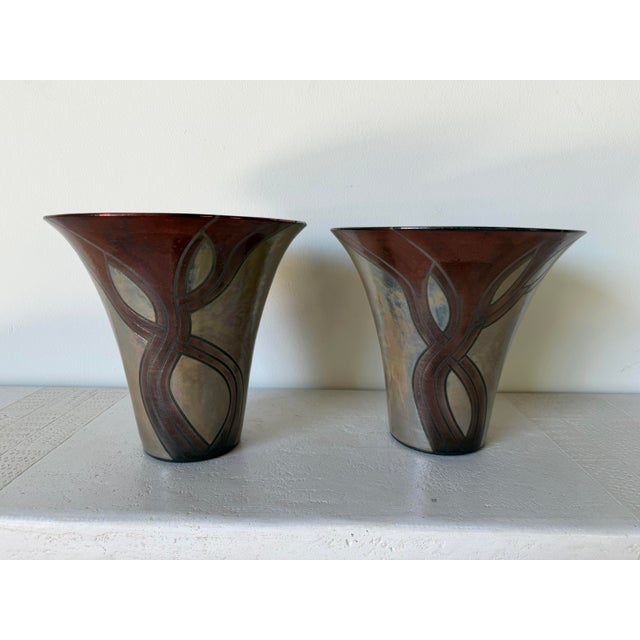 Brown Vintage Signed t.p. Raku Pottery Vases – A Pair For Sale - Image 8 of 11