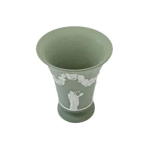 Antique Wedgwood green jasperware vase with classical figures representing the arts along with a draped grape leaf garland...