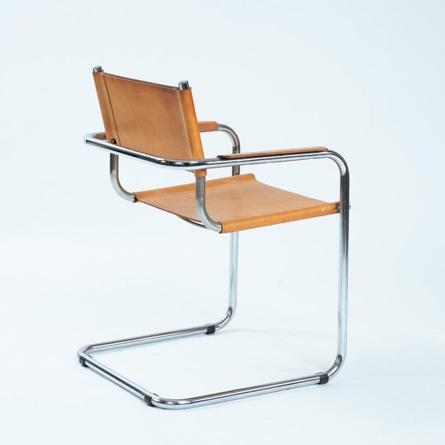 Mid-Century Modern Metal Cantilever in Cognac Brown Leather, 1970s, Set of 4 For Sale - Image 4 of 18
