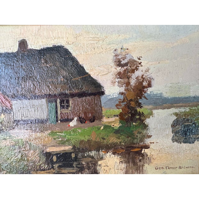 1910s George Elmer Browne (1871-1946) Riverside Cottage Scene Oil Painting For Sale - Image 5 of 10