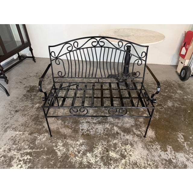 Vintage French Provincial Style Wrought Iron Garden Bench in Glossy Black For Sale In Chicago - Image 6 of 9
