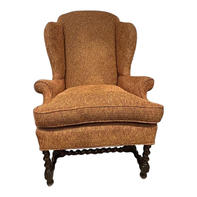 Vintage Queen Anne & Archie Bunker Style Wingback Chair With Carved Spindle Legs For Sale