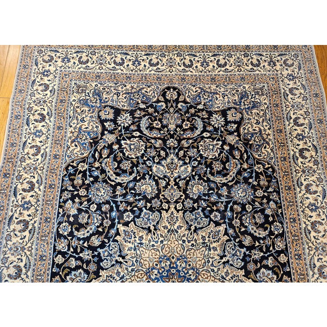 Vintage Persian Nain Area Rug, Hand-Knotted Wool & Silk, Floral Pattern, 7x11, Navy & Ivory For Sale - Image 10 of 17