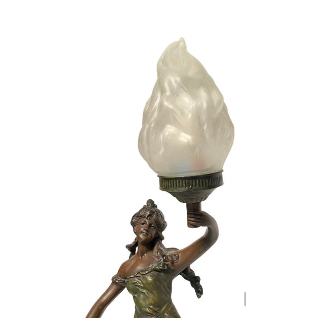 1930s Spelter Bronze Art Nouveau Diana Torche Table Lamp After Auguste Moreau For Sale - Image 9 of 12