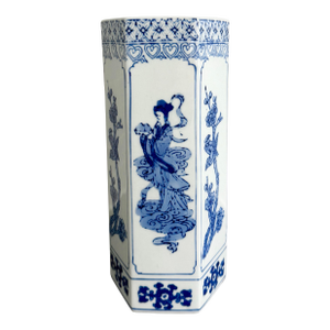 Vintage Chinese Blue & White Porcelain Octagon Vase - 11.25” Tall