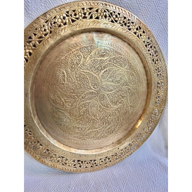 Moroccan Mid 20th Century Etched Brass Round Tray With Pierced Floral Rim For Sale - Image 3 of 7