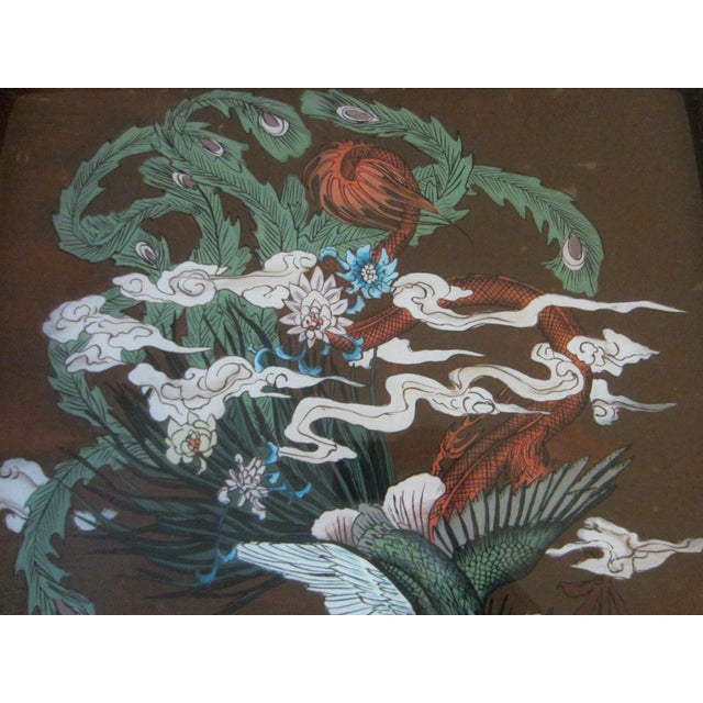 Brown 1930s Chinese Dragon Painted Glass Colored Flowers White Clouds Brown Wood Frame Brass Hanging Hardware For Sale - Image 8 of 14