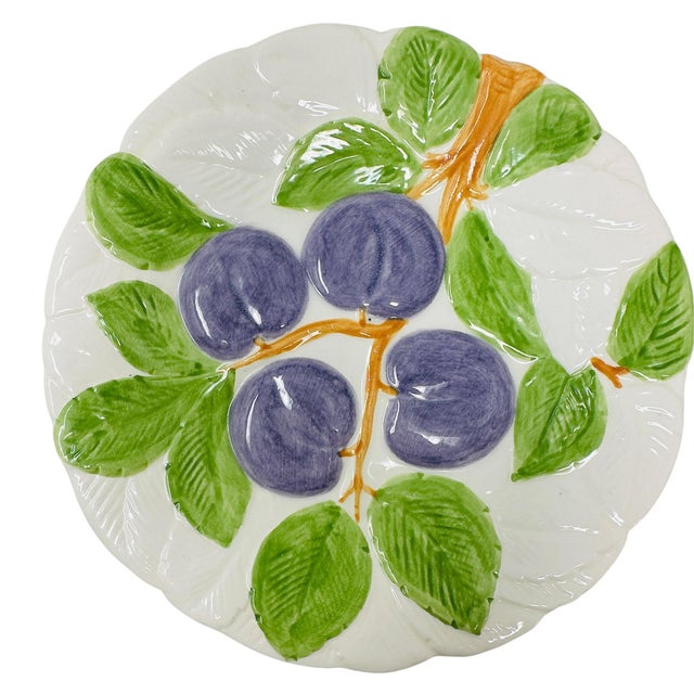 Yellow 1980s Rare Shafford "Fruit Du Jour" Majolica-Style Hand-Painted Ceramic Plates - Set of 9 For Sale - Image 8 of 18