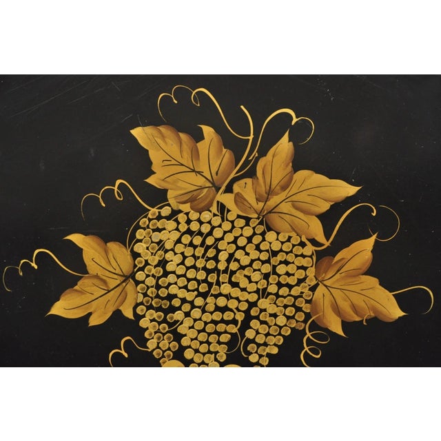 Vintage French Country Black and Gold Hand Painted Oval Toleware Serving Tray For Sale - Image 4 of 15