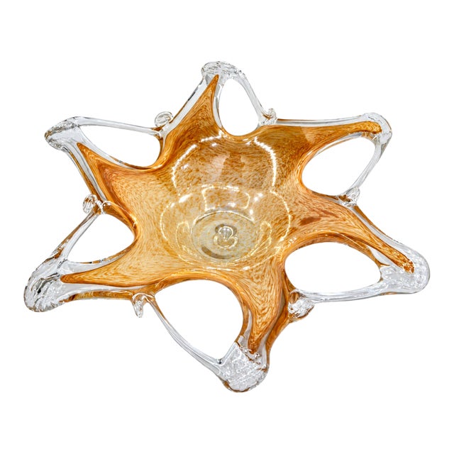 Vintage Italian Murano Amber & Clear Starburst Glass Centerpiece Bowl For Sale