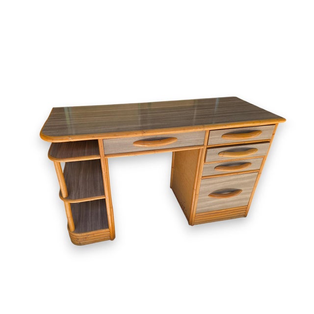 Paul Frankl 1950s Mid Century Rattan Grasscloth Streamline Wood Desk and Chair For Sale - Image 4 of 11