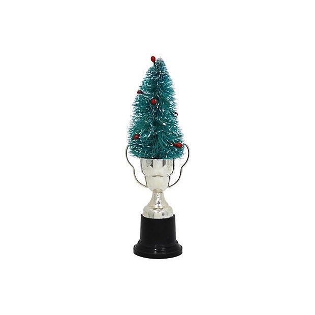 Midcentury bottle brush Christmas tree in 1930s miniature English silver-plate trophy. Trophy is blank and would be...