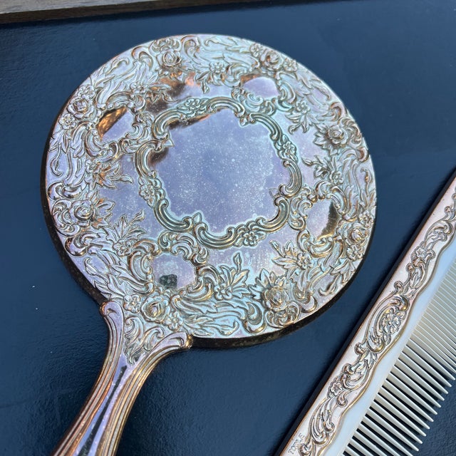 English Trio Vintage Silver Plated Vanity Set- Hand Held Mirror, Brush, and Comb For Sale - Image 3 of 10