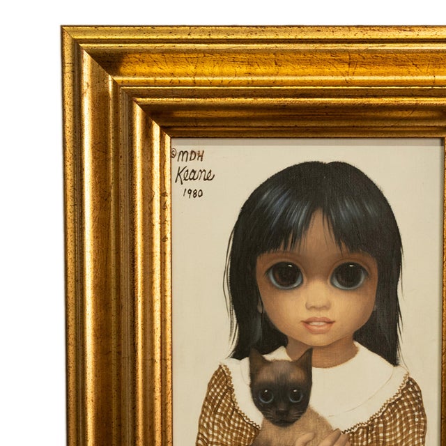 1980s Authentic Oil Painting on Panel "Big Eyes" Beautiful Young Girl With Siamese Cat by Margaret Keane, 1980 For Sale - Image 5 of 14