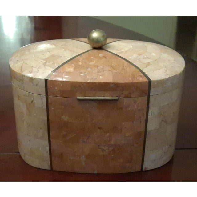 Late 20th Century Maitland Smith Tesselated Marble, Brass Inlay and Acacia Wood Lined Decorative Box For Sale In Washington DC - Image 6 of 8