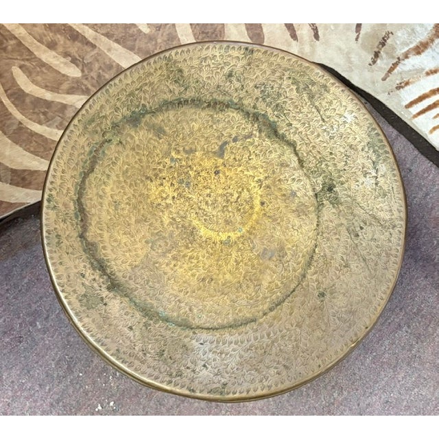 Metal Early Middle Eastern Etched and Pierced Brass Three Leg Trim Pod Footstool For Sale - Image 7 of 8