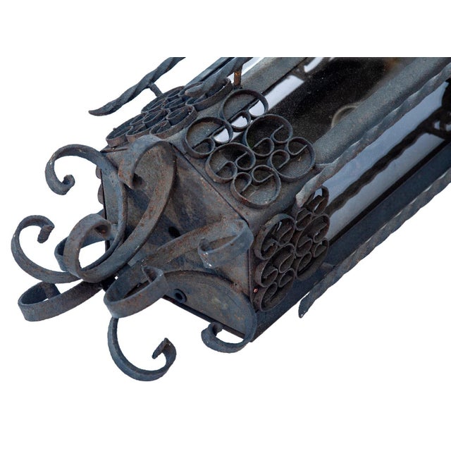 Gray Mid 20th Century Spanish Revival Curly Iron Lantern with Smokey Gray Glass Panels For Sale - Image 8 of 8