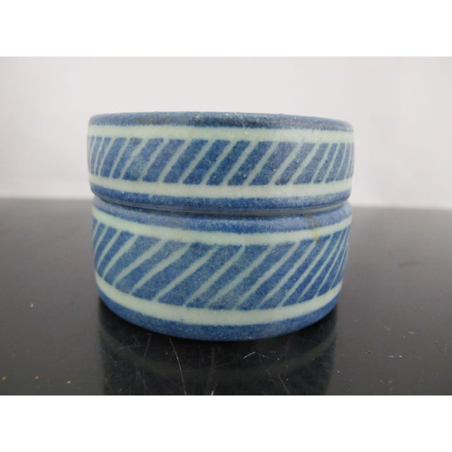 Abstract Blue Abstract Graphic Design Round Lidded Studio Pottery Box For Sale - Image 3 of 10