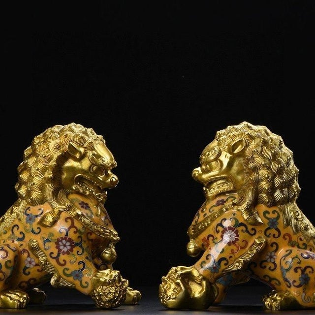 Elevate your interior with this striking pair of guardian lion statues, featuring exquisite cloisonne enamel work and rich...