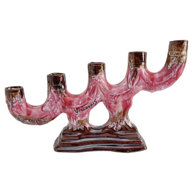 Brutalist Style Pink and Brown Ceramic Drip Glaze Candelabra from Vallauris, 1960s For Sale - Image 10 of 10