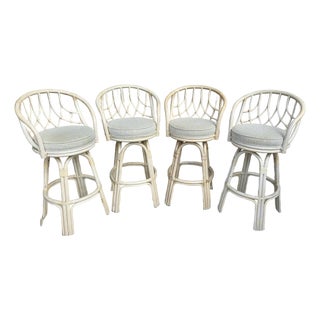 Set of Four Lane Venture "Tradewinds" Swivel Rattan Bar Stools For Sale