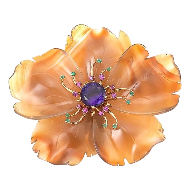 400 Carat Natural Agate, Amethyst, Ruby and Emerald Big Flower Pin 14K Gold For Sale