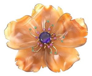 400 Carat Natural Agate, Amethyst, Ruby and Emerald Big Flower Pin 14K Gold