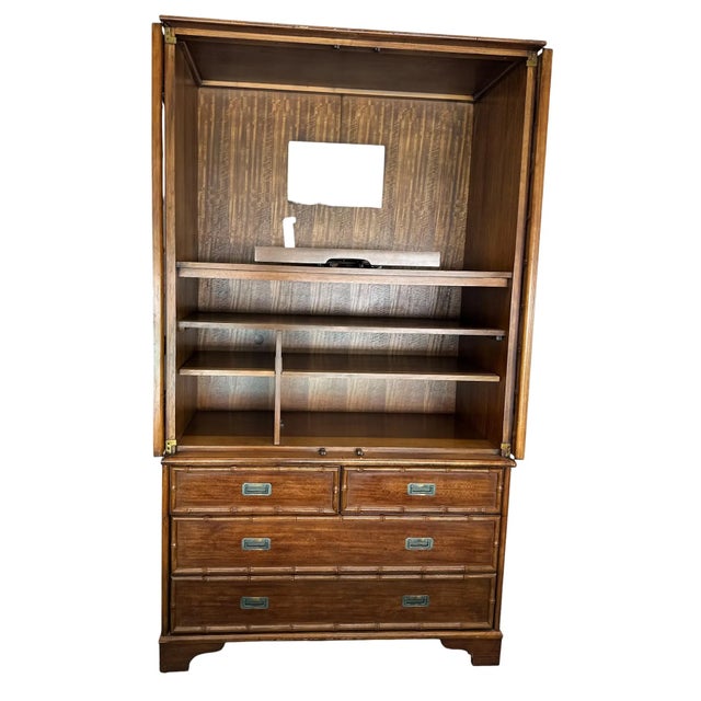 Drexel Heritage 2000s Drexel Heritage Faux Bamboo Armoire Draws Doors Wood Chinoiserie Tv Cabinet Two Piece For Sale - Image 4 of 15