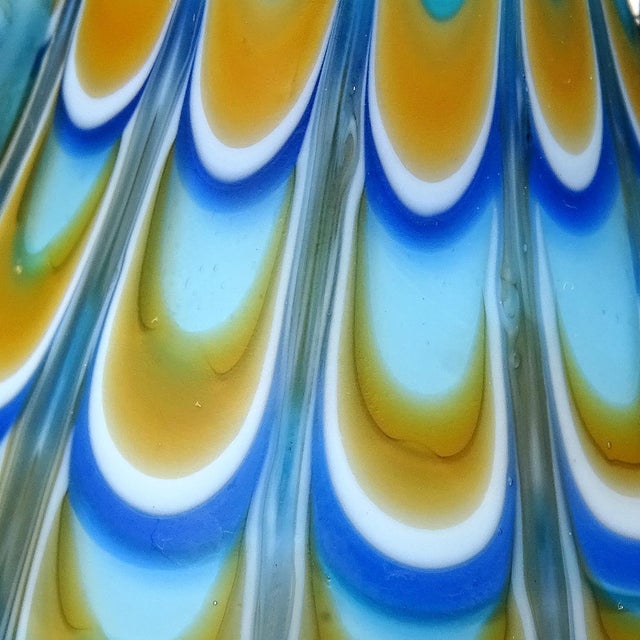 Murano Antique Fratelli Toso Murano Fenicio Pulled Feather Technique Blue Orange White Italian Art Glass Cabinet Vase For Sale - Image 4 of 6