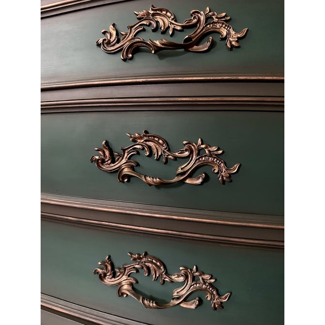 1960s 1960s Century French Provincial Bombé Highboy — Hand Finished Forest Green, Bronze, Skull & Rose Damask Interior For Sale - Image 5 of 8